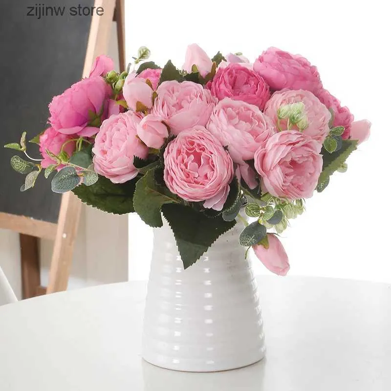 Faux Floral Verdure Rose Fleurs Artificielles Bouquet Pour La Décoration De La Maison Décoration De Mariage Fournitures Fausses Fleurs DIY Artisanat Fleurs Vase Accessoires Y240322