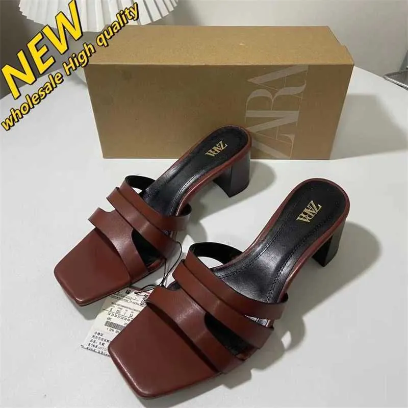 Cheap Store 90% Off Wholesale Za 2024 Womens Shoes Brown Cow Leather Spliced Square Head Open Toe Thick Heel High Slippers Sandals Casual