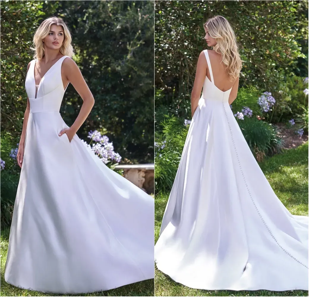 Abiti da sposa linea a trapezio in raso gelsomino abiti da sposa senza maniche con scollo a V profondo semplicemente un nuovo abito da sposa alla moda