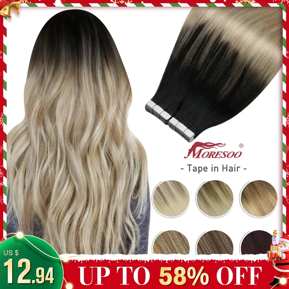 Extensões moresoo fita em extensões de cabelo humano balayage cabelo loiro remy cabelo natural trama de pele macia em linha reta fita de cabelo sem costura no cabelo