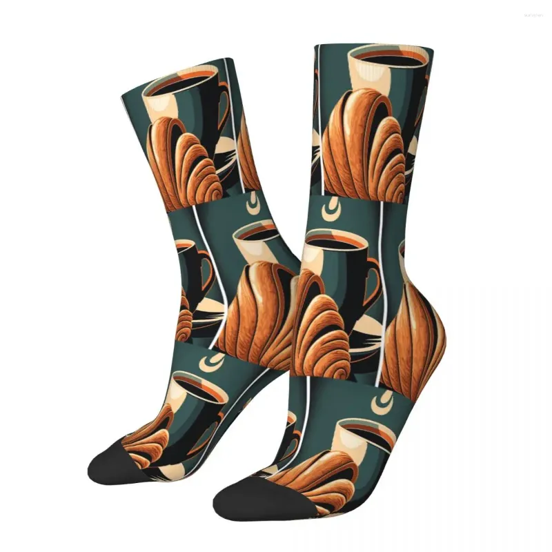 Chaussettes pour hommes Art déco tasse de café à la vapeur avec boisson croissant hommes femmes bas de printemps Harajuku