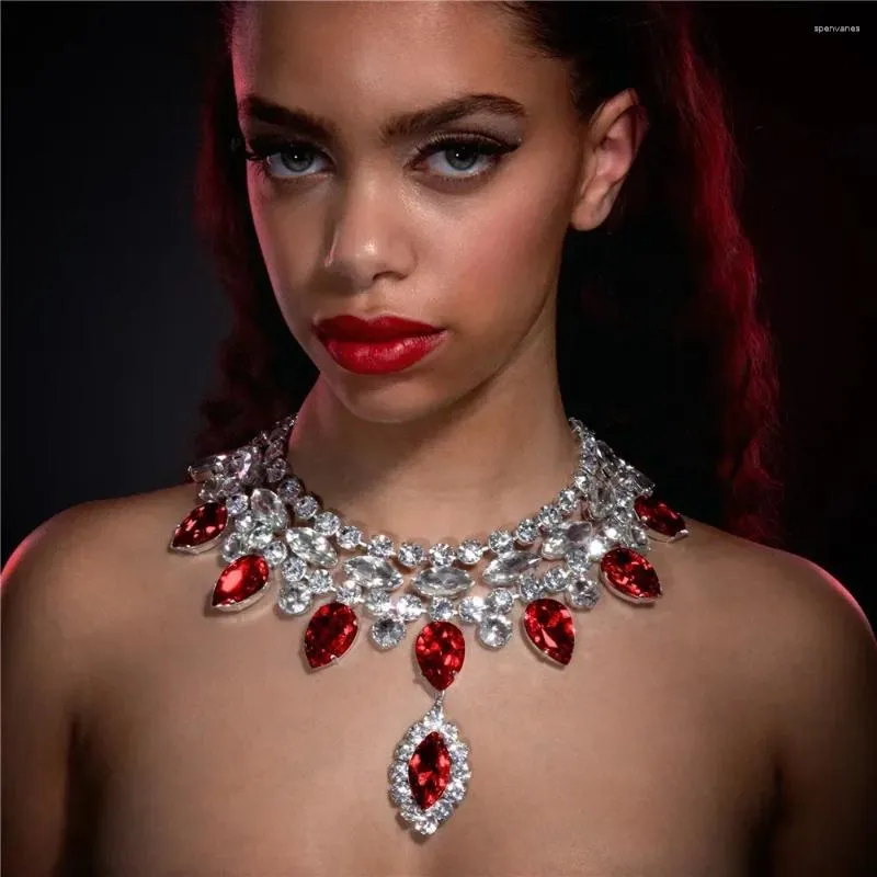 Pendant Necklaces Woman Red Multi Row Rhinestone Water Drop Choker Necklace Collar Jewelry For Girl Luxury Crystal Clavicle Chain