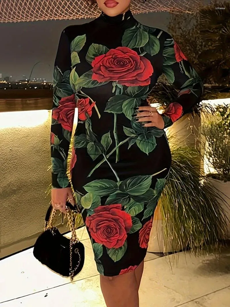 Plus Size Dresses LW Turtleneck Rose Flower Print Bodycon Dress Spring Long Sleeve Midi Vestido Large XL-5XL Dres