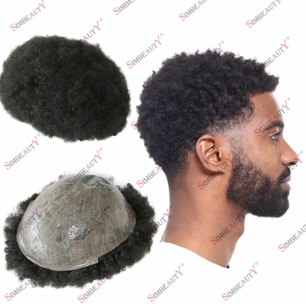 Toupees Jet Siyah Afro Kinky Kıvırcık% 100 İnsan Saç Toupe Afrika için Amerikalı Erkekler Siyah Cilt Kapalı 6mm Kıvırcık Saç Protez Sistemi