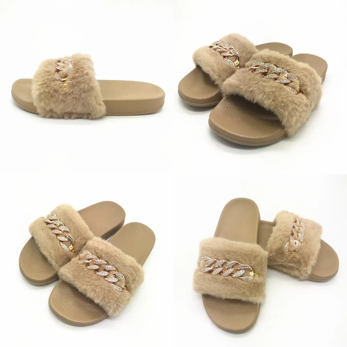 2024 Resistente en stock Cadena de otoño e invierno Flash Diamond Fluffy Slippers de interior y al aire libre Flip-Flops calientes 36-41