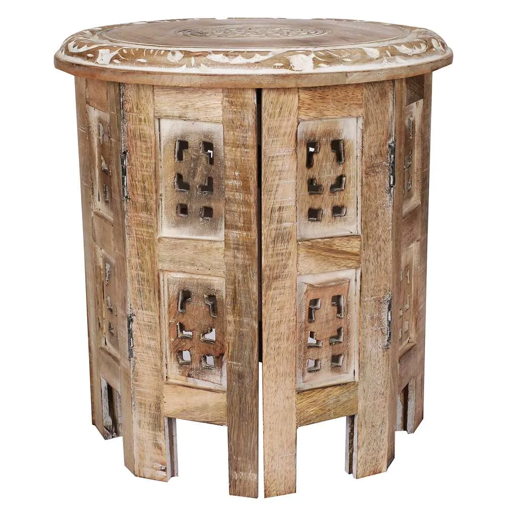 Mesa auxiliar para sala de estar, revista de café, entrada decorativa tallada a mano, mesa de madera octogonal, cúpula de 30,48 x 30,48 cm de alto, color blanco lavado