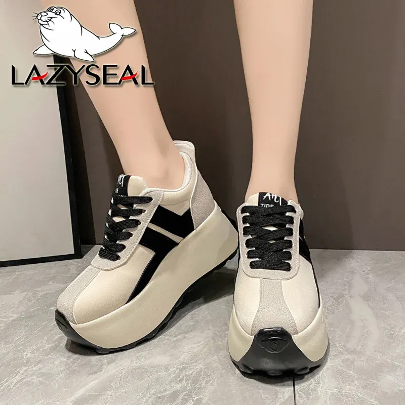 Boots LazySeal Platform Boots Women 7.5cm High Top Women Shoes Lace Up Spring Autumn Sneakers Chunky Sneaker Wedge White Casual Shoes