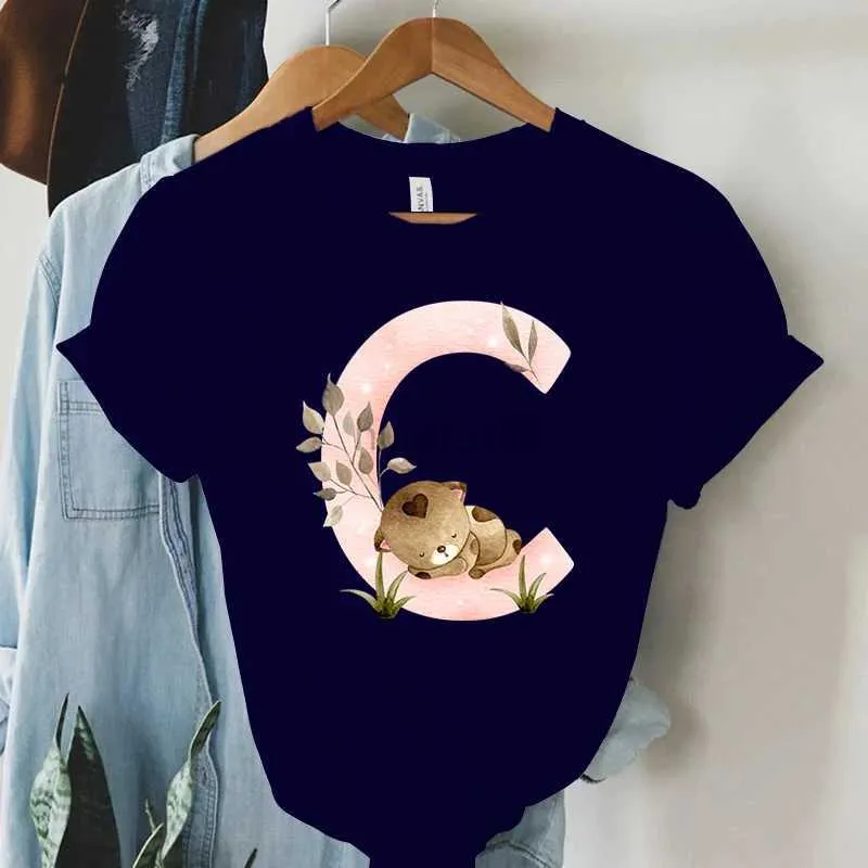 Women's T-Shirt Womens dark blue T-shirt with cute little animal letters A-Z girl T-shirt Y2k short sleeved Harajuku fashion T-shirt 240323