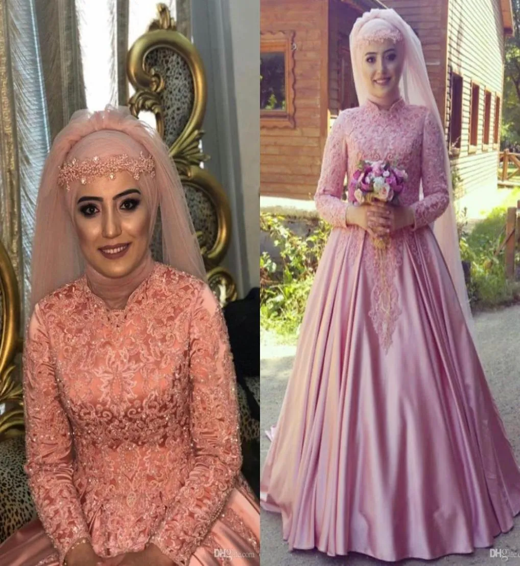 Roze Arabische Moslim Trouwjurken 2021 Kant Kralen Vintage Lange Mouwen Hoge Hals Hijab Prinses Bruids Kerkjurk2514243