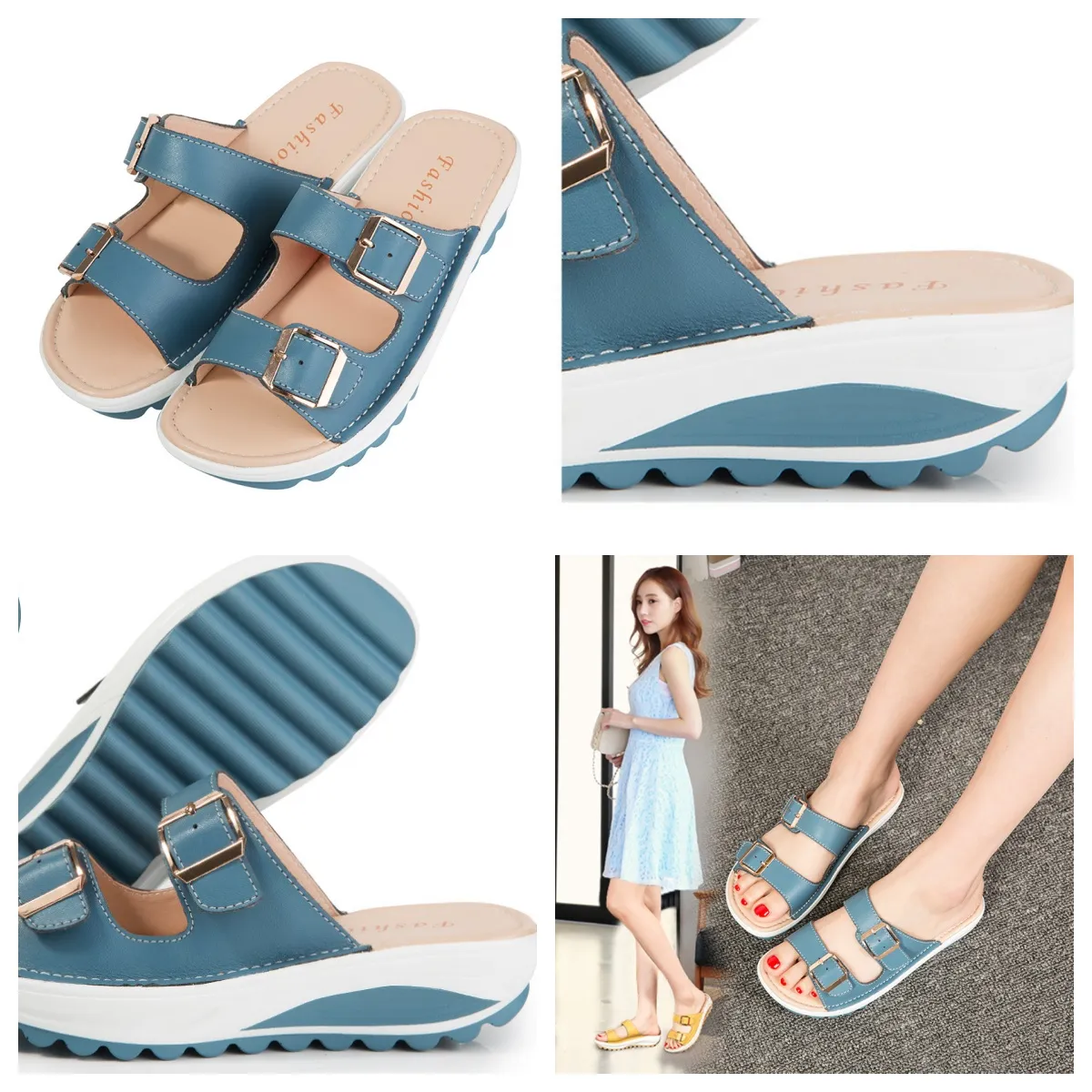 Ny dubbelbröst casual kvinnors sandaler för hem och utomhus bär koreanska version casual skor gai söt färgglada rosa blå orange ny stil aprikos 2024 35-42