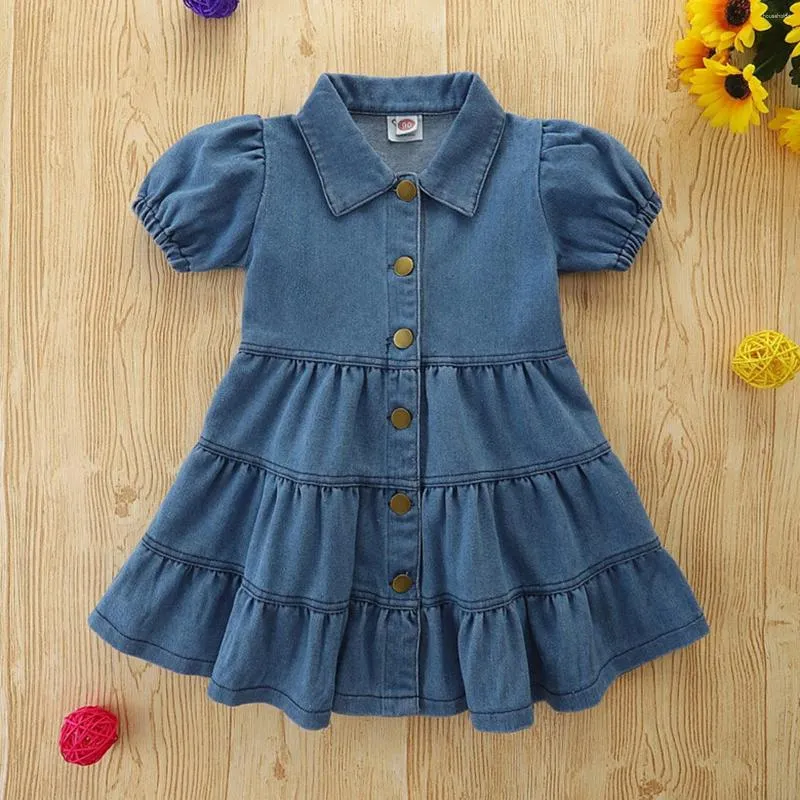 Flickaklänningar 1-5 år Småbarn Girls Dress Summer Short Sleeve Turndown Neck frilly Denim Princess Solid Casure Clothes