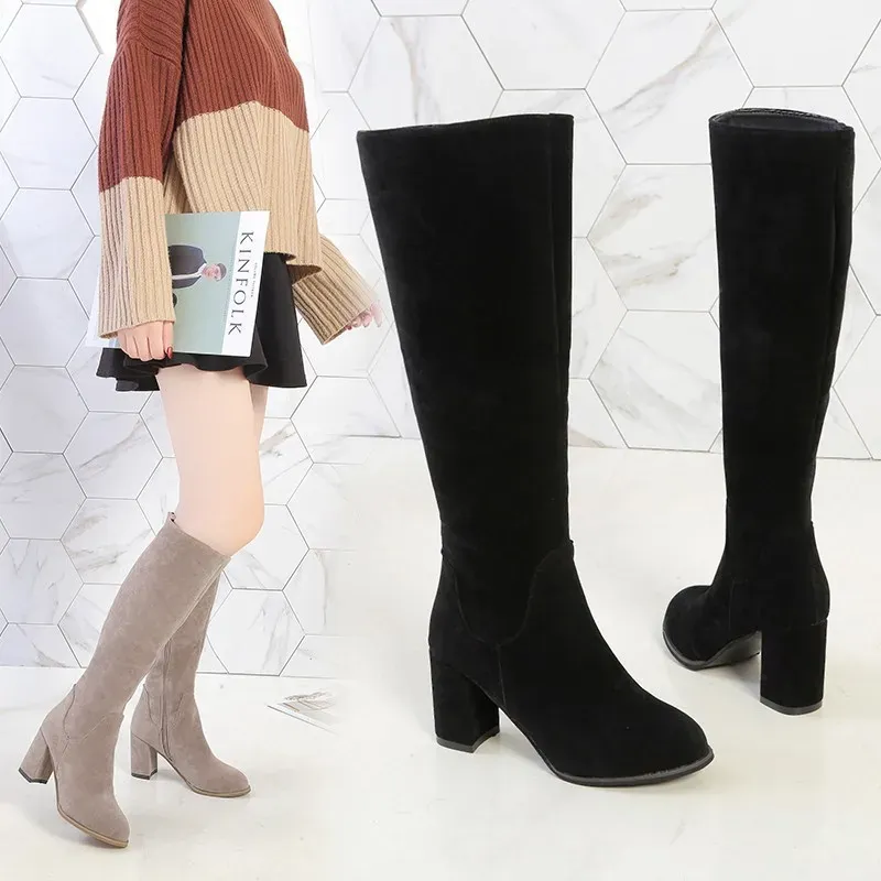 Boots cool woman width leg knight boots 7cm mid heels women's slipon Knee high Boots plus size 41 42 43 leather wide leg Long shoes 9