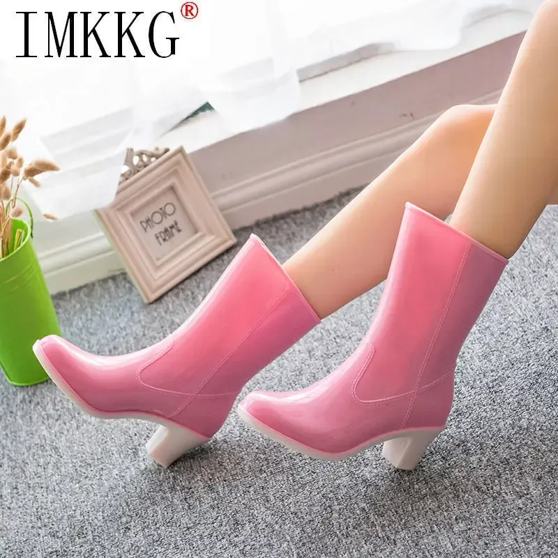 Boots Highheel Rain Boots Femmes Midcalf Water Chaussures Hightube Boots Ladies Fashion Boots non gorgés