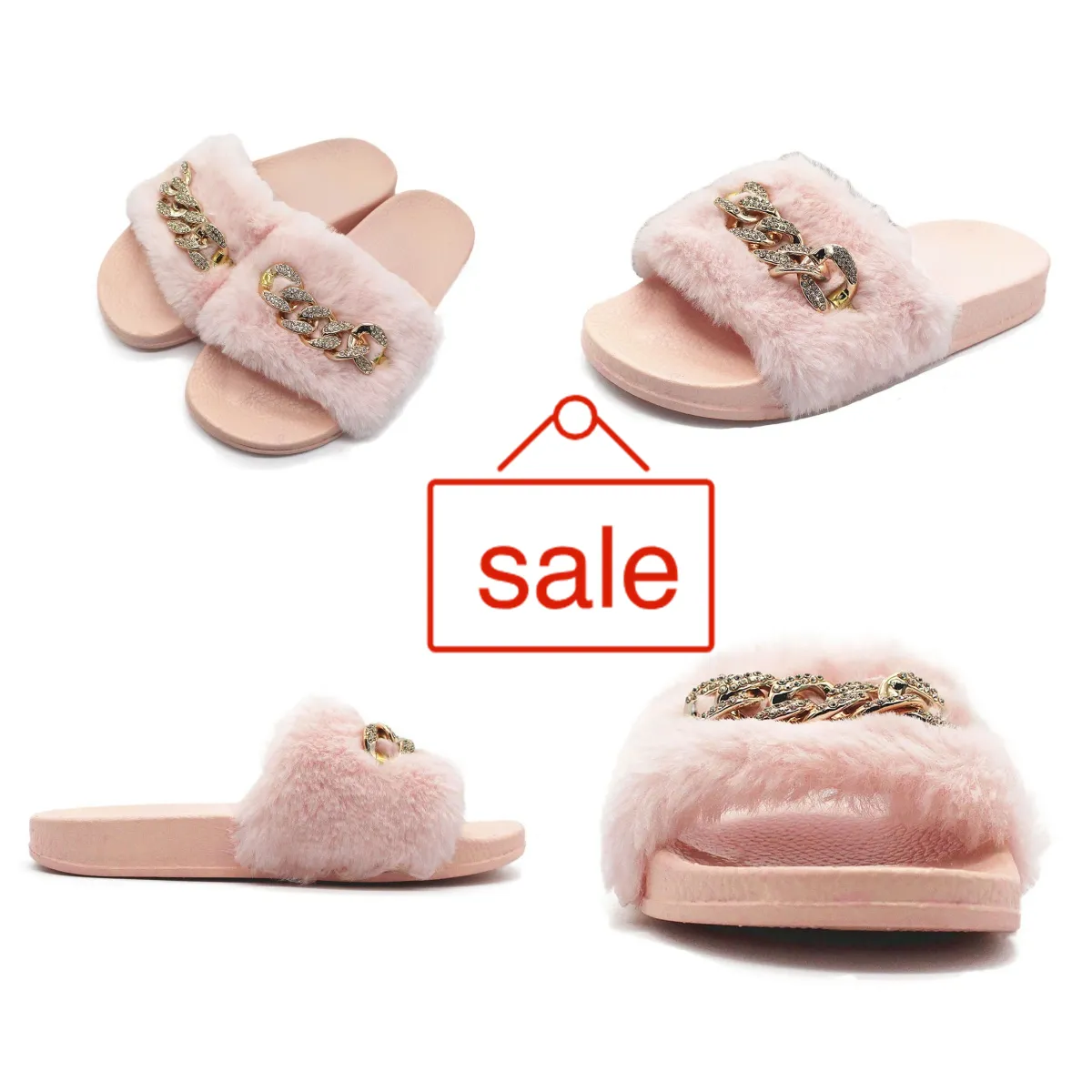 new Chain Diamond Plush Slippers Indoor and Outdoor Plush Flat Bottom Warm Slippers GAI fur chains Fluffy fall outdoor Design cute Plush Slippers Daily Home 2024