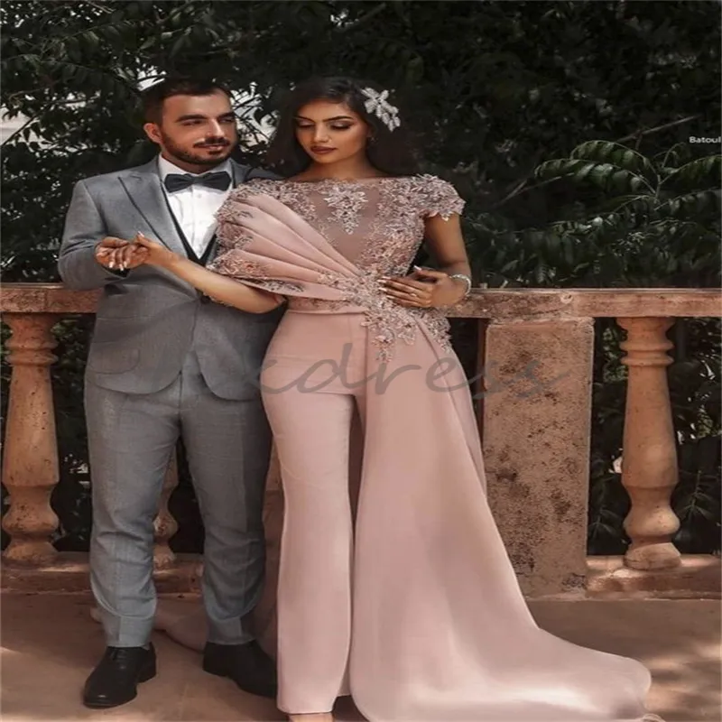 Saudi Arabic Jumpsuit Prom Dresses With Train Short Sleeves Flowers Lace Pink Evening Dress 2024 Turkey Formal Party Engagement Appliques Lace Vestios De Fiestas