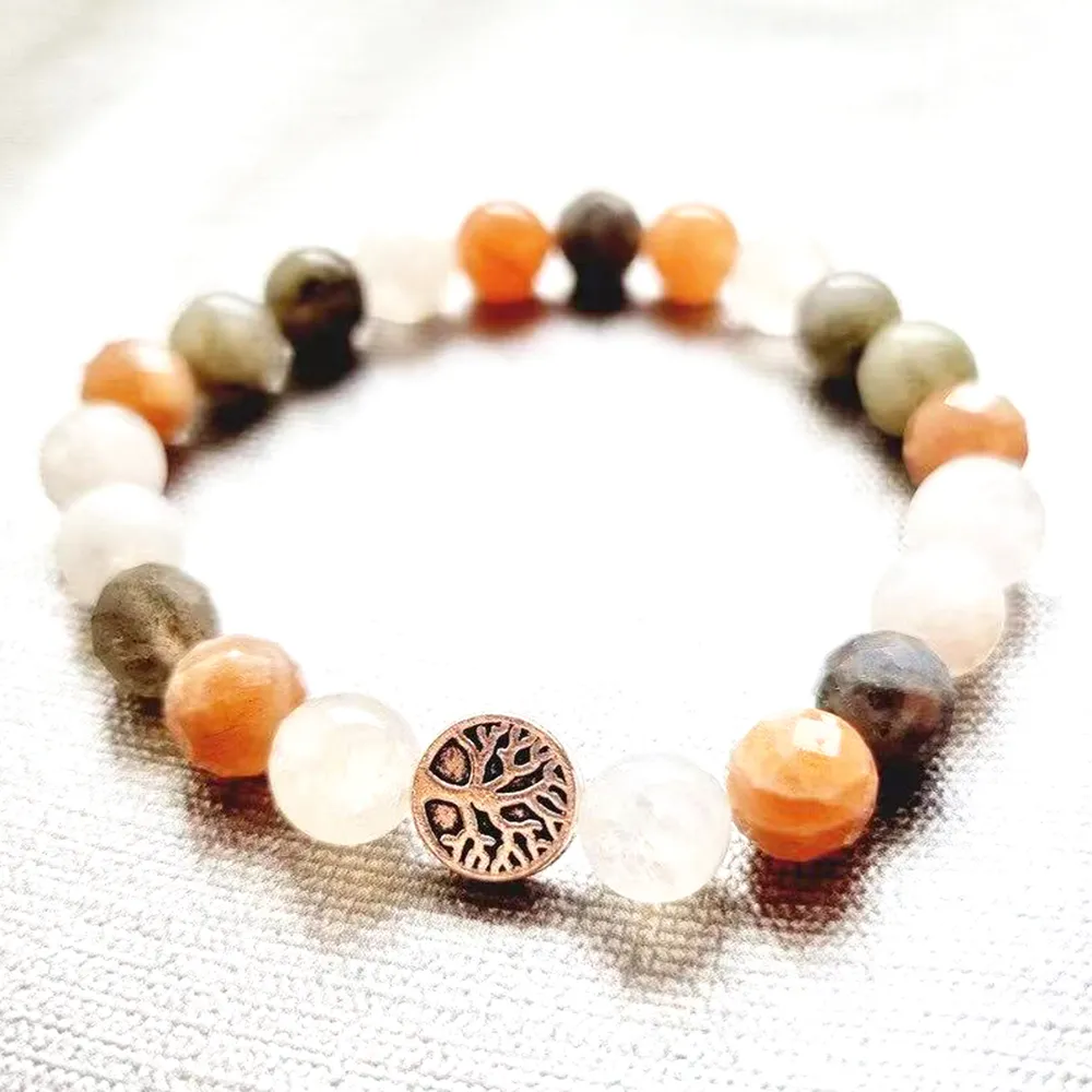 MG2082 Nieuwe 8 MM Gesneden Zonnesteen Sneeuwkwarts Labradoriet Armband Handgemaakte Levensboom Charm Edelsteen Mix Pols Yoga Mala