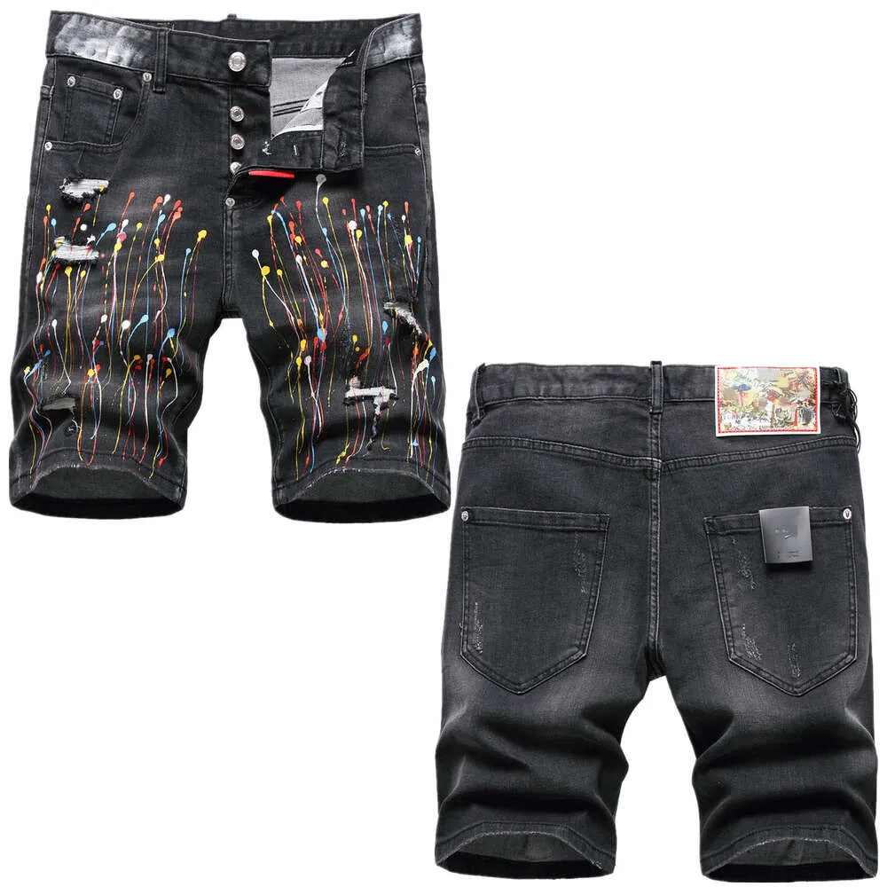 GATTRENDBESKRIVNING Patch denim för mäns svart stänk av bläck fem poäng trendiga varumärken personaliserade ungdomar shorts