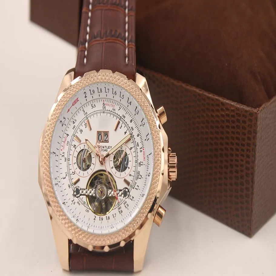 2014 Nytt modebrunt läderband 1884 MENS Titta på Tourbillion Gold rostfritt stål Luxury Man Watches237y