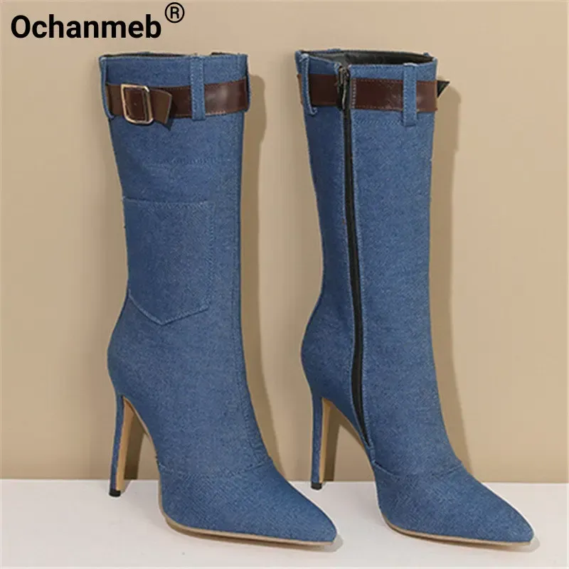 ブーツochanmeb stiletto heels women denim jeans boots with zipperベルトサイドポケットシュー