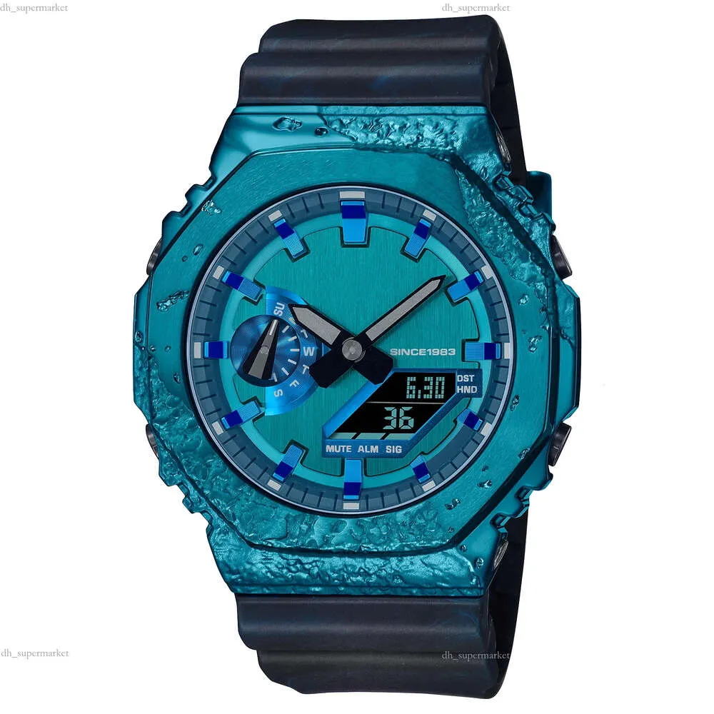 Iced Out Watch casioess horloge Digitaal Sport Quartz Herenhorloge Wereldtijd Afneembare montage LED Blue Oak Series