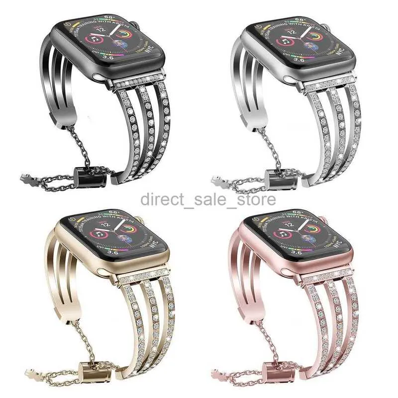 Suitable for Apple watch band 42mm 38mm 40mm 41mm 44mm 45mm 49mm iwatch 6 5 4 3 2 1/2/3/4 with iwatch three row diamond inlaid metal strap