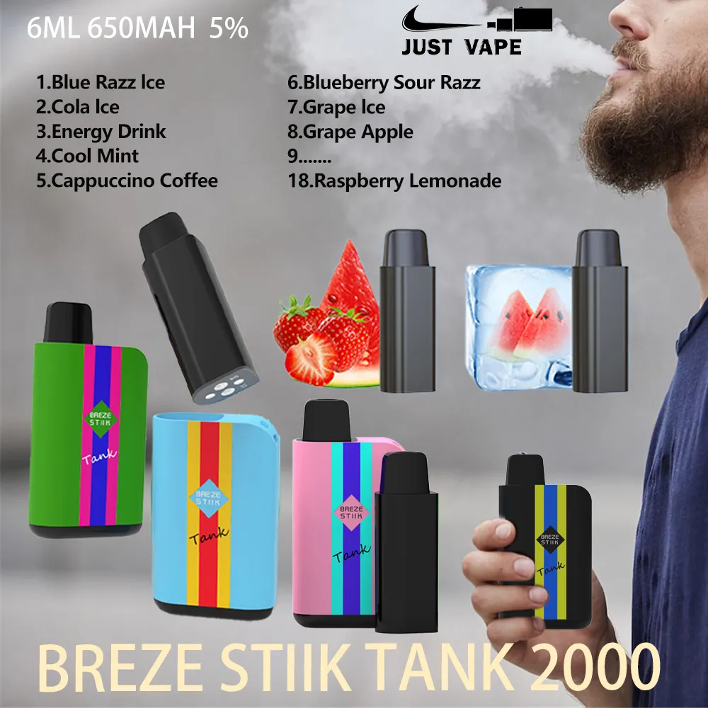 Autentico Breze Stiik Tank 2000 Sbuffi Sigarette Monouso Vape Pen Ecigs sostituibile Pod 6ml 650mAh Batteria Vaporizzatore Vaporizzatore Dispositivo 2% 5% 18 Sapori