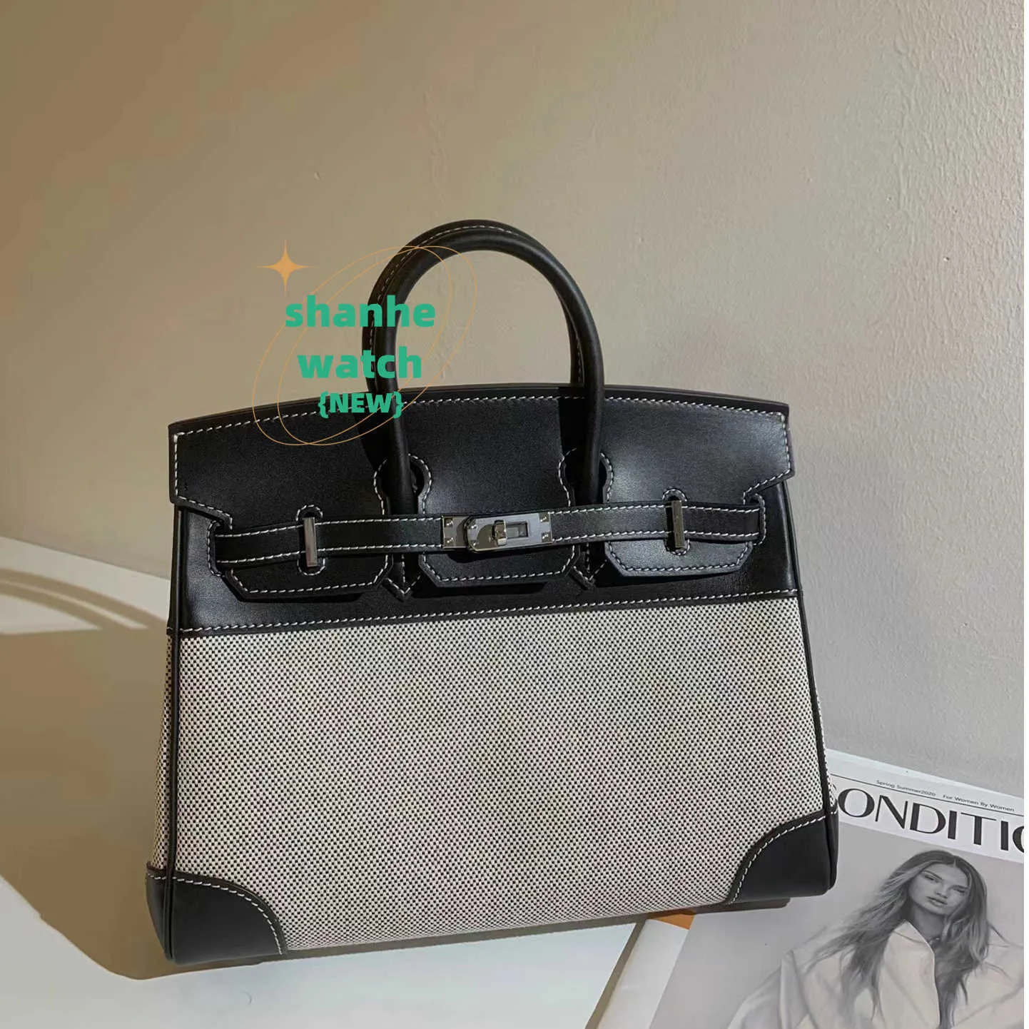 Contrast Canvas Tote Bag Large Capacity, High Quality Leather Handbag