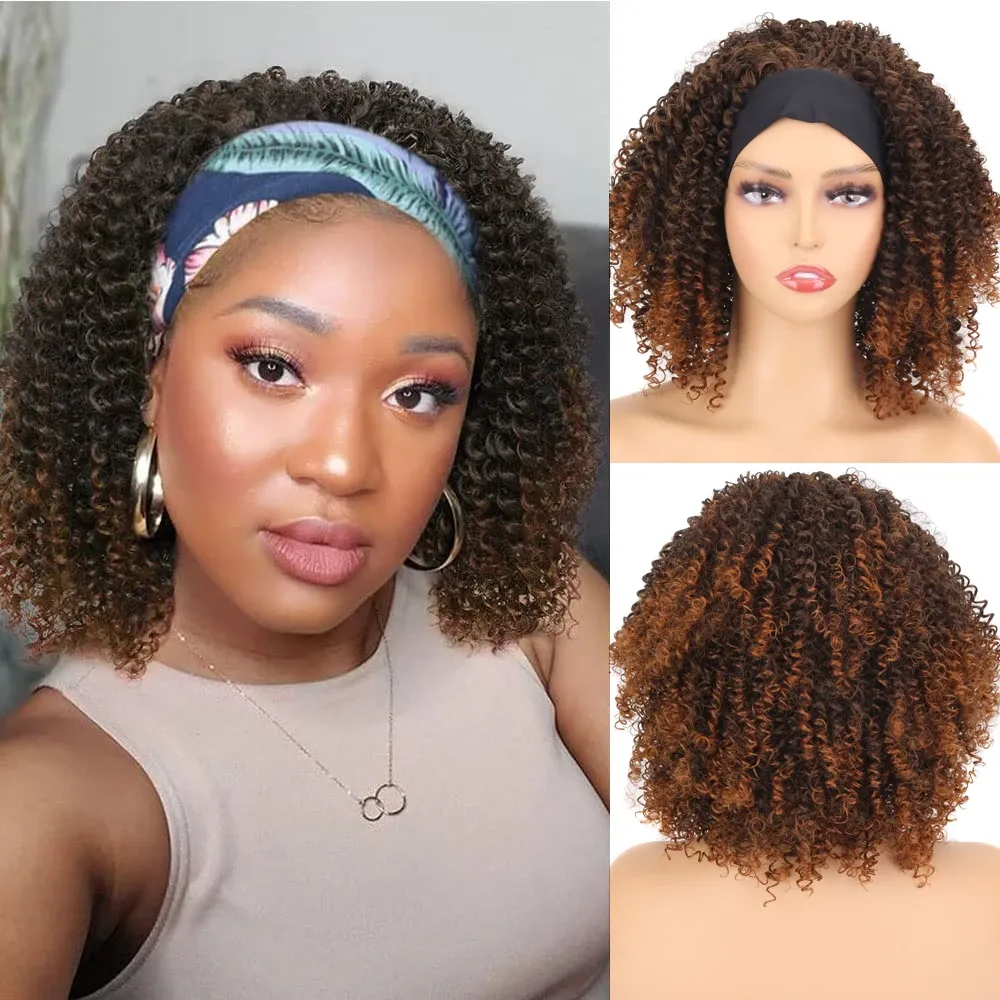 Pruiken Kort Krullend Pruiken voor Vrouwen 12 inch Synthetisch Haar Lijmloze Zwarte Vrouw Pruik Machine Gemaakt Bob Afro Kinky Krullend hoofdband Pruik