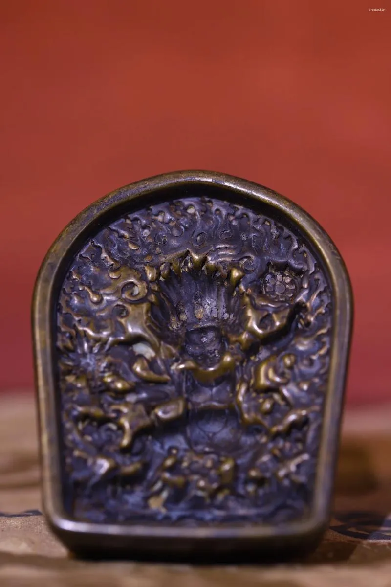 Figuras decorativas Colección de templos tibetanos de 4 pulgadas, bronce antiguo, cinabrio, molde de Buda, seis brazos, colgante Mahakala, amuleto, casa de ciudad Dharma
