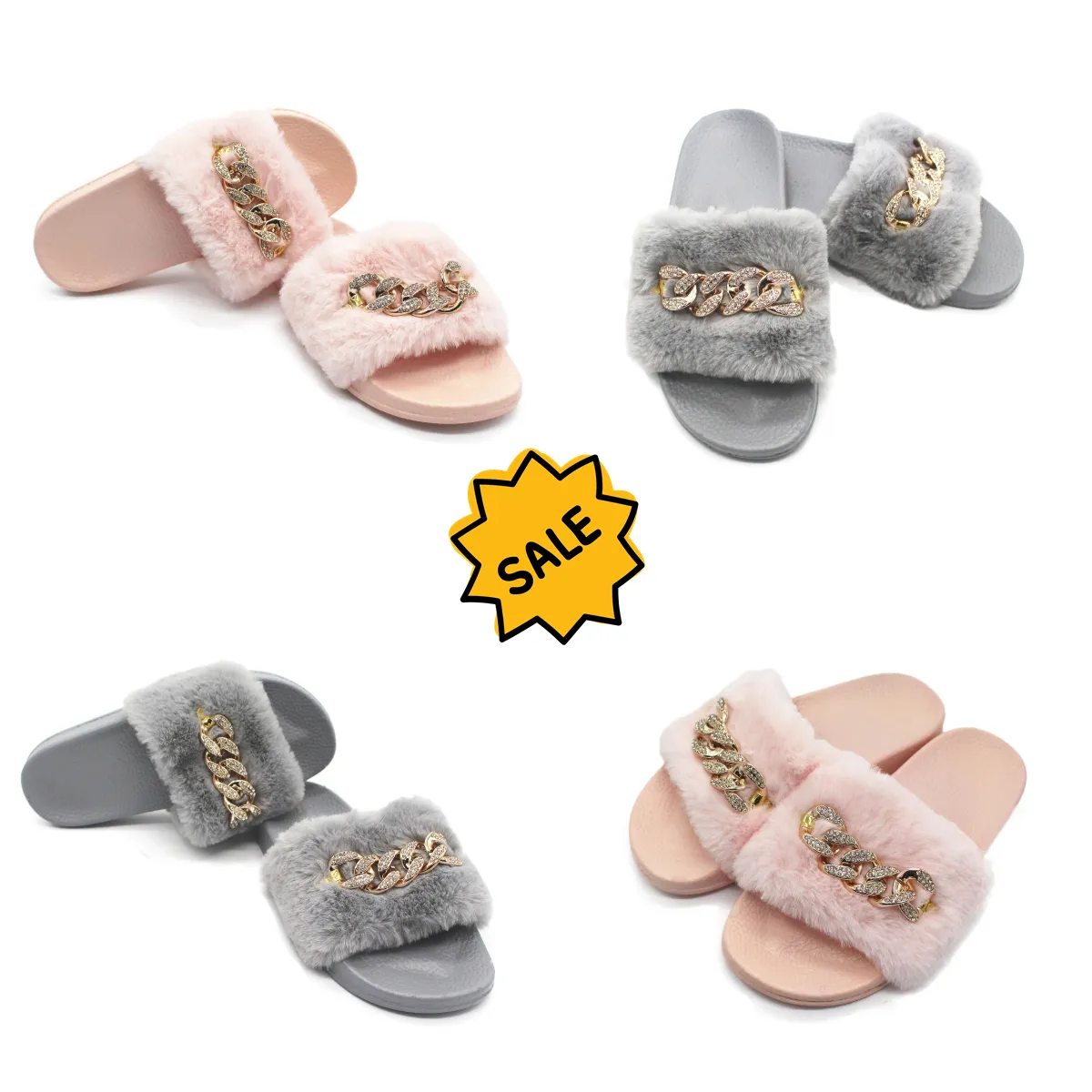 Nuovo positivo in stock autunno e inverno a catena flash Diamond Fluffy Slifori interni e esterni Fluffy Flip-Flops caldo 36-41 36-41