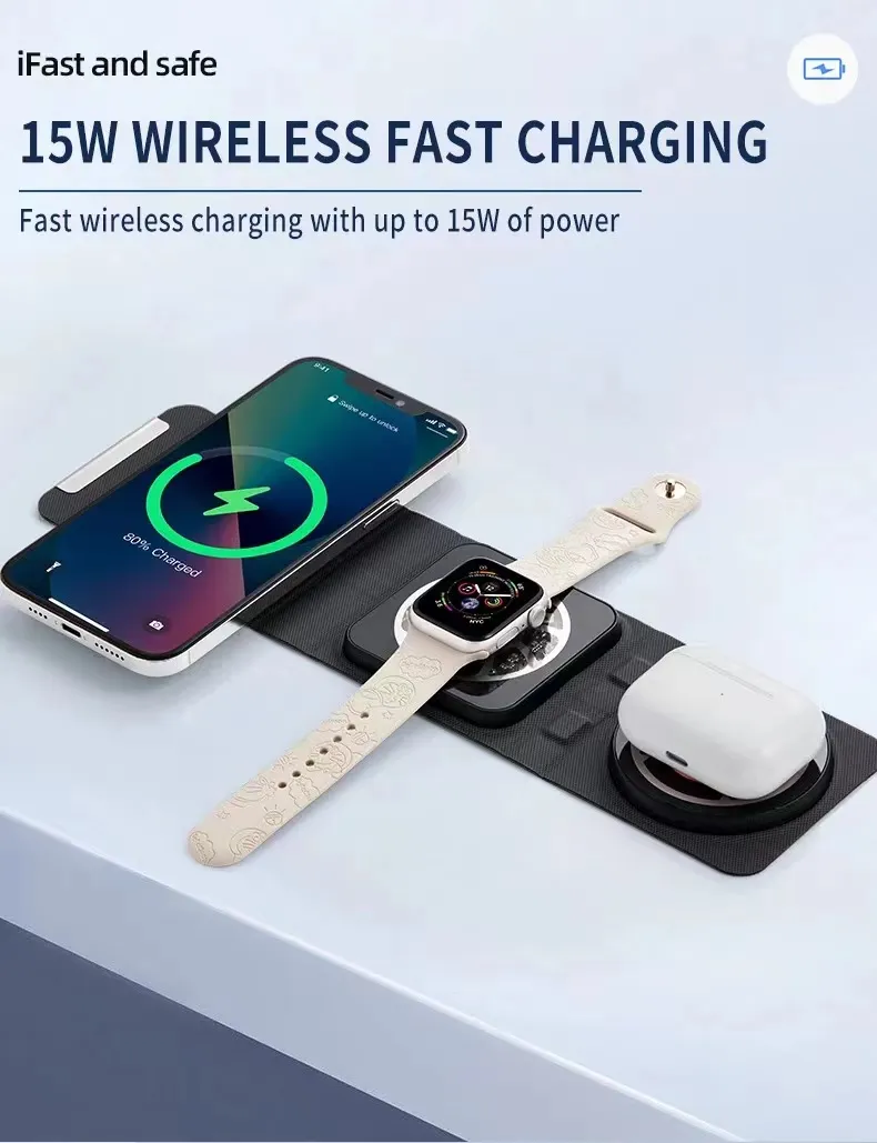 Stazione di ricarica wireless 3 in 1 da 15 W compatibile per iPhone Watch Auricolari wireless Caricabatterie rapido rapido Qi per cellulare Smart Phone