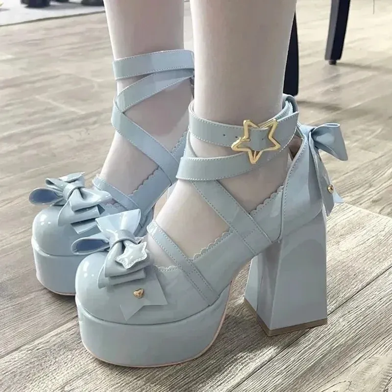 Lolita buty Women Mary Janes High Heels Buty Chunky Sandals Summer Fashion Retro Bow Party Ponety 240313