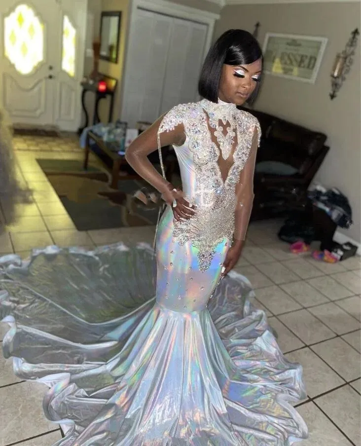 Sparkly Long Evening White Pageant Dresses for Black Girl Diamond Crystal See Through Prom Gala Birthday Dress 2024