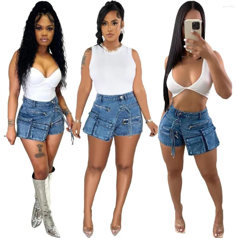 Women's Shorts Women Y2k Streetwear Elastic High Waist Button Cargo Short Girl Zipper Patchwork Package Hip Slim Fit Denim