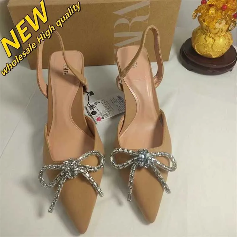 Cheap Store 90% Off Wholesale Za 2024 Summer Womens Shoes Water Diamond Butterfly Button Decoration Classic Pointed Elastic Belt High Heel Sandals for Women