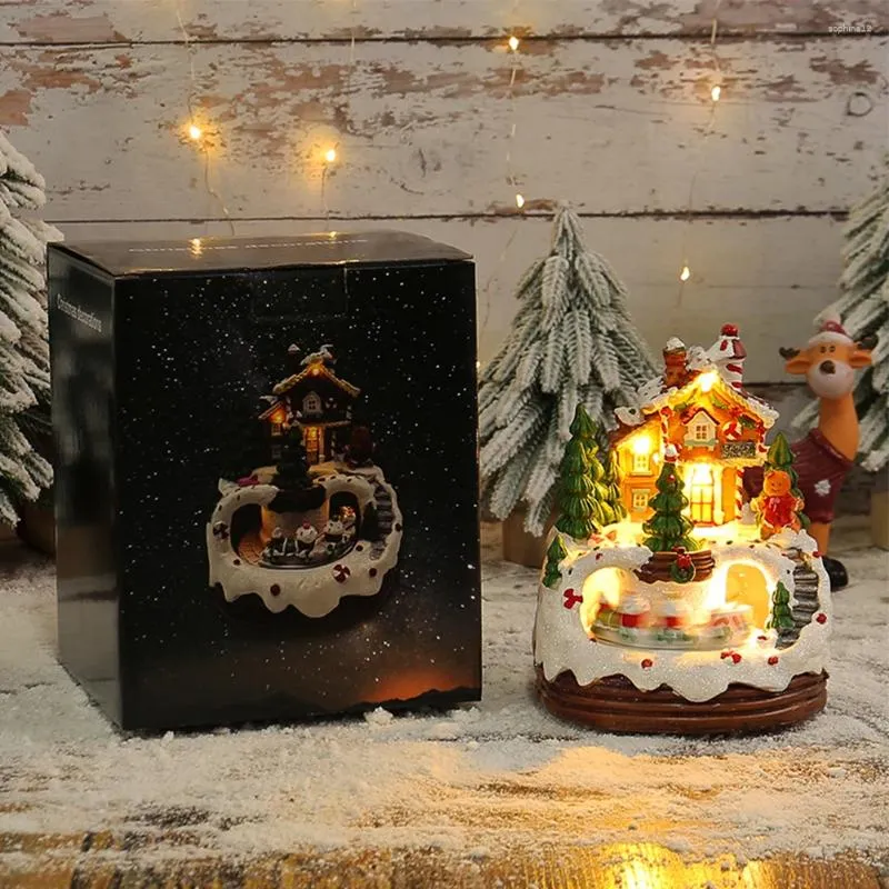 Decorative Figurines Christmas Music Box 6.3inch Illuminated Resin House Ornament Gift For Kids Bookshelf Restaurant