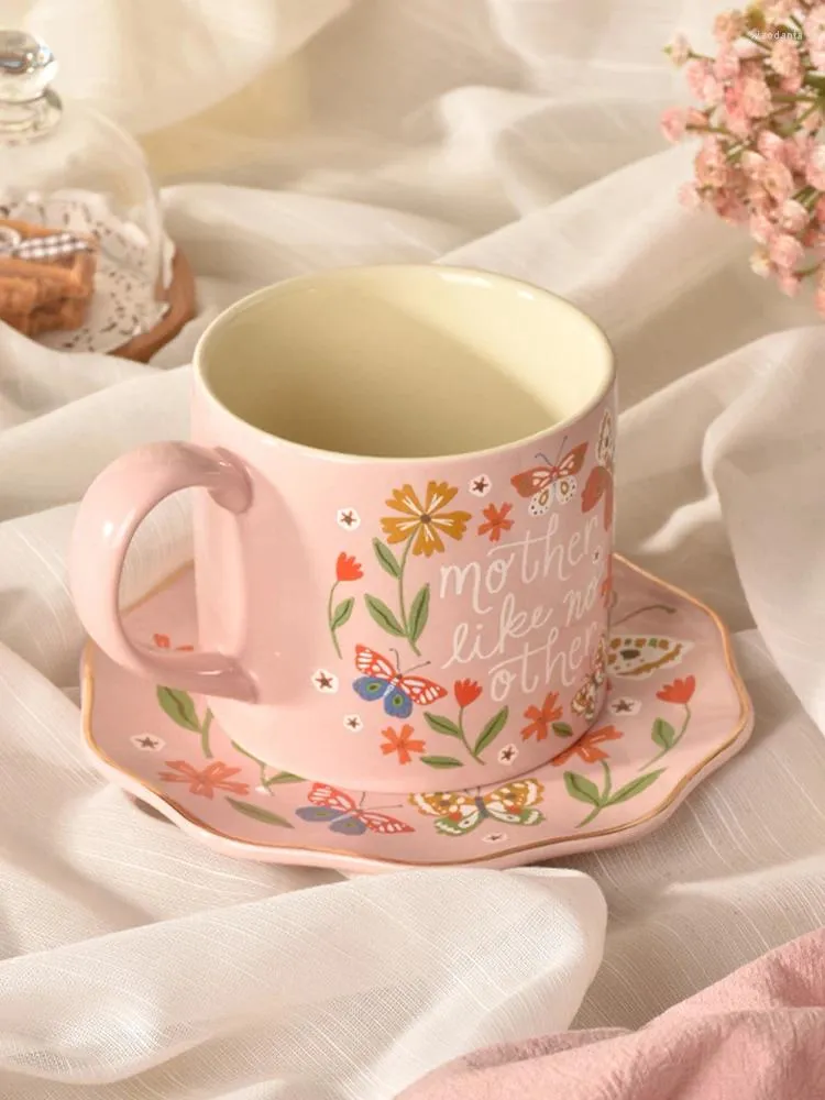 Muggar söt rosa fjäril keramisk mugg Instagram vind hög temperaturbeständig hem frukost juice kopp tallrik set kontor kaffekoppar