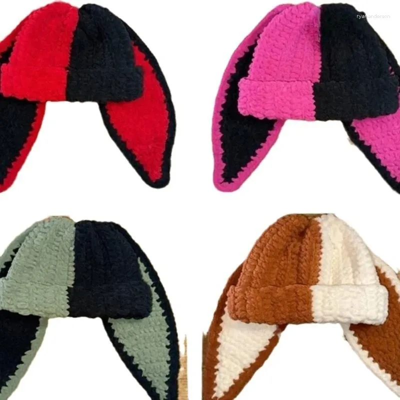 Berretti da ragazza cappello copricapo fatto a mano per esterno lavorato a maglia orecchie lunghe filato grande cartone animato