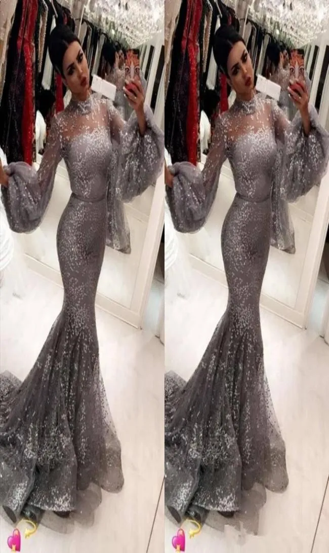 Fashion Sequins Mermaid Prom Dresses Sexy Hihg Neck Trumpet Long Sleeves muslim arabic Attractive Stylish evening dresses3499292