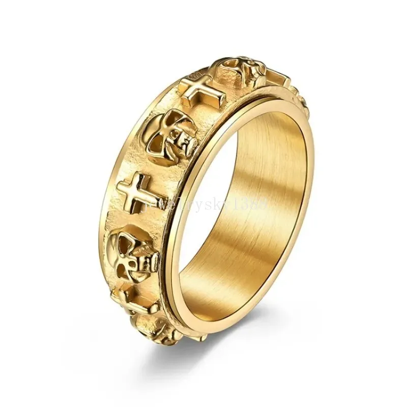 Edelstahl Dekomprimieren Ring Retro 3D Schädel Jesus Kreuz Drehbare Ringe Band für Männer Goth Schmuck