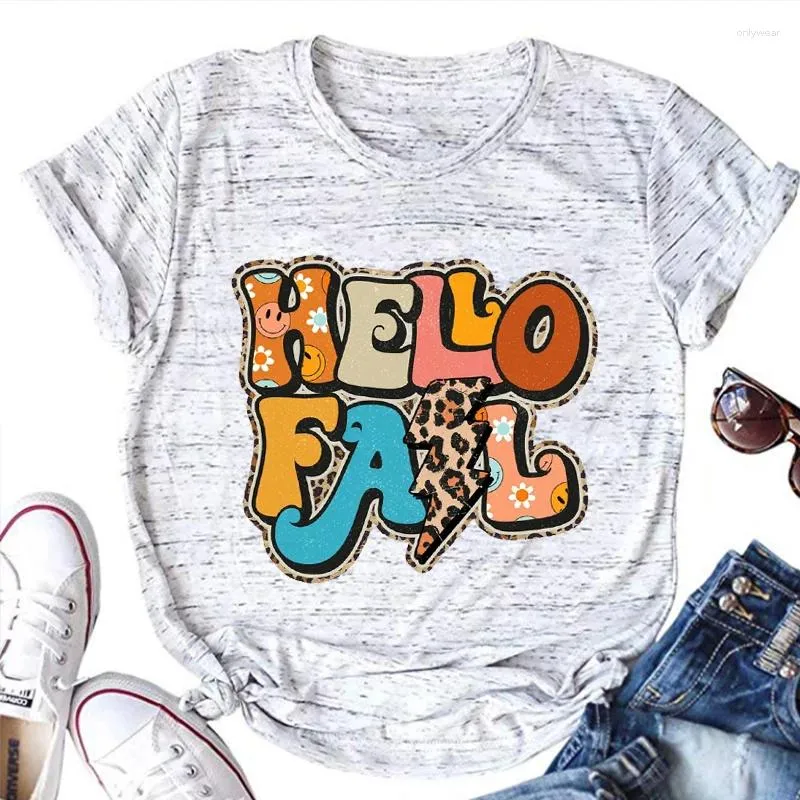 Women's T Shirts Hello Fall Leopard Shirt Cute Happy Aesthetic Clothes Autumn 2024 Thanksgiving Vintage Tops November