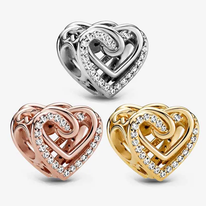 Sparkling Entwined Hearts Charm Pandoras 925 Sterling Silver Luxury Jewelry Gold Charms Set Armband Making Charms Pärlor Designer Halsband Pendant Original Box