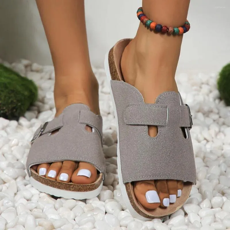 Slippers Cork Footbed Sandals Women Summer Shoes Fashion Suede Flats With Arch Support Couple Open Toe Beach Slides Adjustable