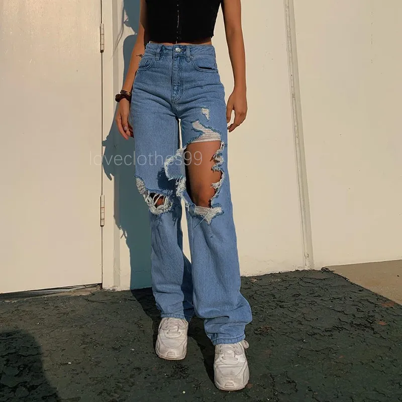 Europese en Amerikaanse trend Gescheurde gaten Hoge taille Losvallende Gril-jeans met wijde pijpen Slanke skinny jeans Overalls Herfstdenim Pencil Stretch Jeans Herfstbroeken voor dames