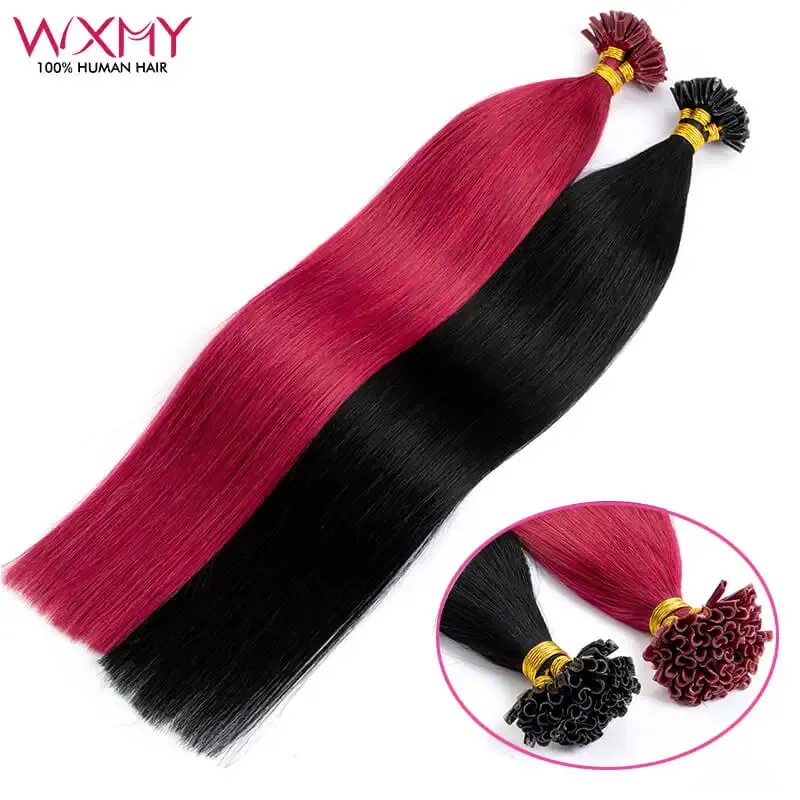 Extensions Straight Keratin Tip Hair Extensions Real Human Hair 50Pcs/Set WXMY Natural Fusion U Tip Human Hair Extension Burgundy Color