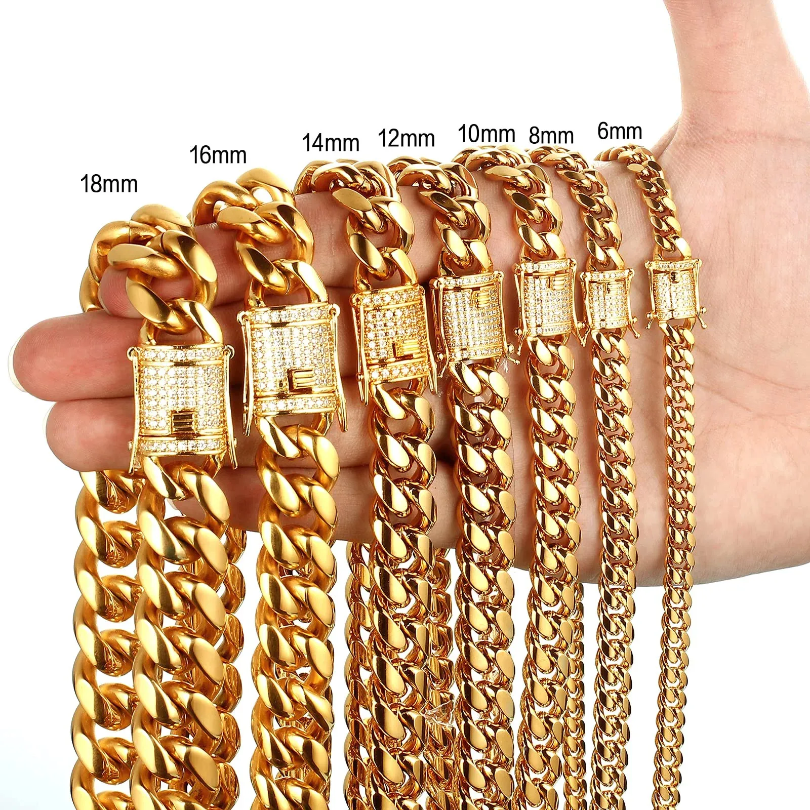 Arrivée 8mm-18mm en acier inoxydable Miami gourmette chaîne cubaine Bracelet collier pour femmes hommes bijoux coulée cristal serrure 240229