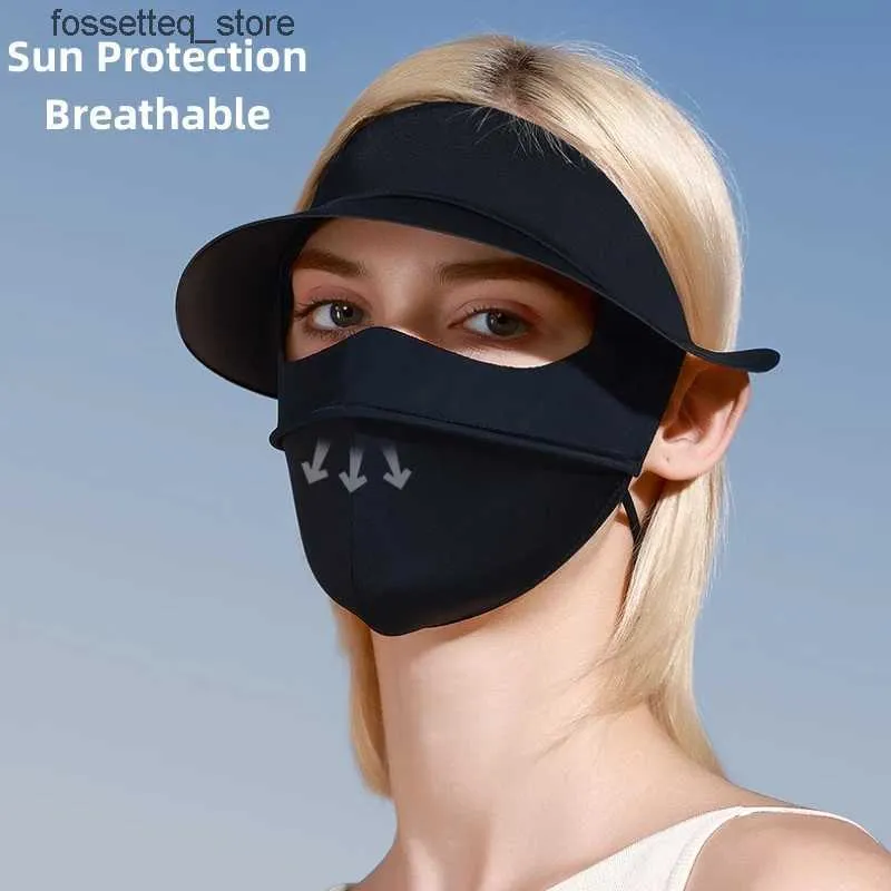 Mode Gezichtsmaskers Halsbeenkap Zomer Zonnebrandcrème Hoed Dames Vinyl Rand Schaduw Ijs Zijde Volgelaats UV-koeling gezichtsmasker UPF50+ L240322