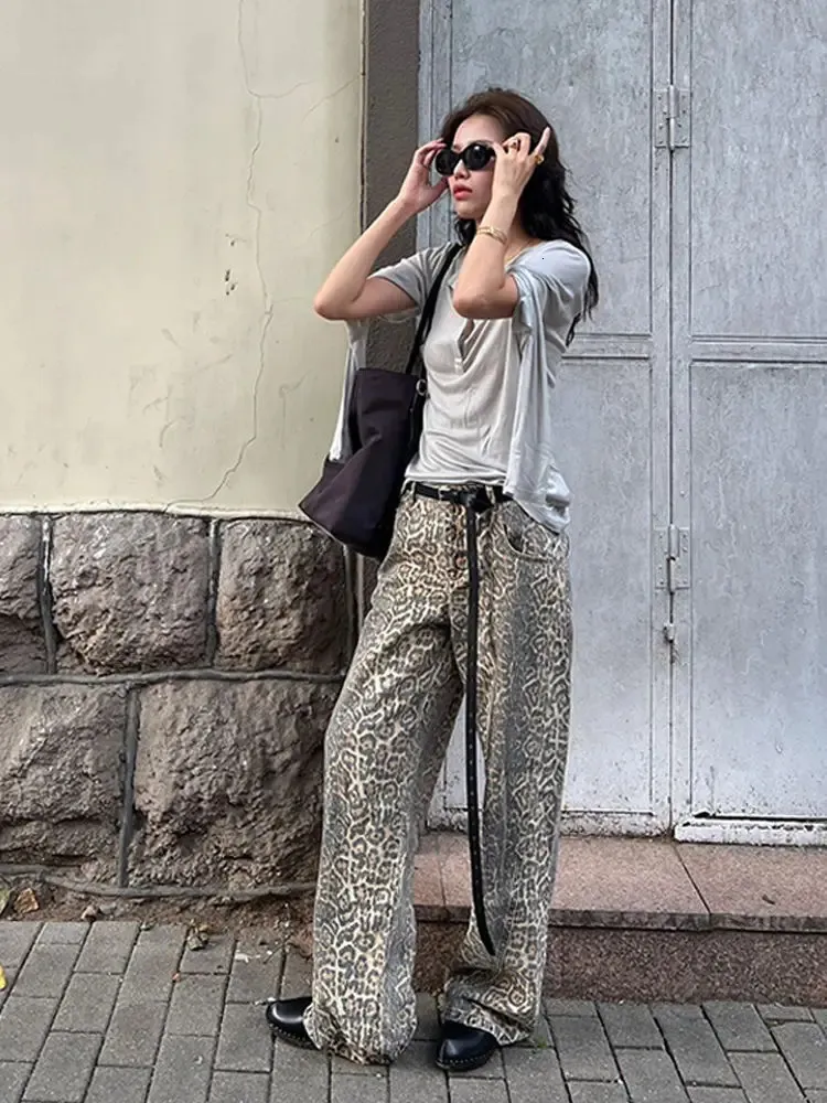 Houzhou americano leopardo jean y2k streetwear baggy calças de perna larga estilo coreano casual menina vintage calças oversize 240309