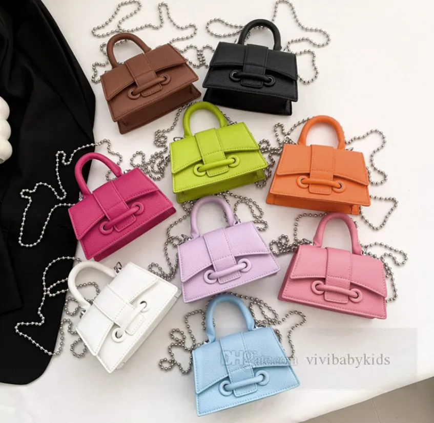 Children handbags fashion kids metals beades chain one-shoulder bag girls candy color PU leather messenger bags Z5092