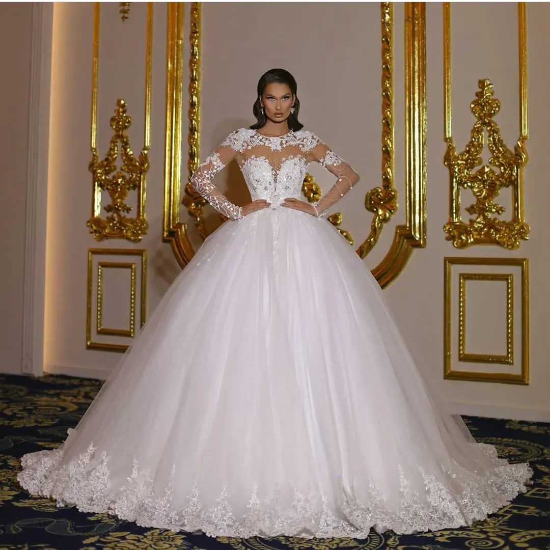 Abiti da sposa economici con abiti da ballo in pizzo Abiti da sposa trasparenti con scollo a O e maniche lunghe Abiti da sposa Plus Size Abiti in tulle a strati gonfi